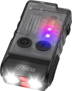 BORUIT V20 Small Powerful Flashlight Super Bright with Red Blue Warm Light, 180° Head Swivels 110dB Buzzer - Mini Keychain Pocket Rechargeable LED Flashlights USB EDC Clip Flash Light