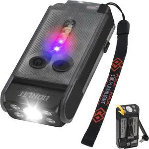 BORUIT V30 LED Small Powerful EDC Flashlight with Red and 365nm UV Light,180°Rotation,USB A/C-C Rechargeable Pocket Flat Keychain Flashlight with Clip,120DB Buzzer,Power Bank Function(Black)