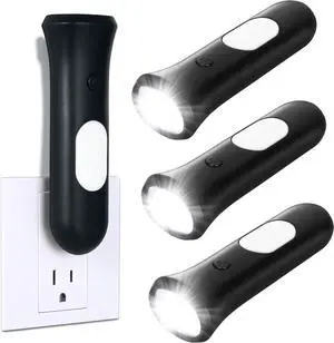 4 in 1 Emergency Lights for Home Power Failure, 3 Pcs Rechargeable LED Flashlight Plug in Wall, Automatic Turn-On Power Outage Night Light Flashlight for Hurricane Preparedness Items, Black