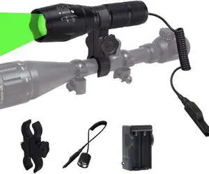 WINDFIRE Green Predator Light 300 Yards Tactical LED Flashlight Zoomable, Coyote Hog Fox Varmint Hunting Flashlights Kits with Pressure Switch, Scope Mount