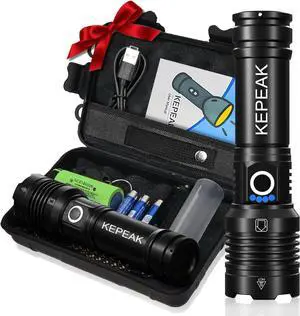 KEPEAK Rechargeable Flashlights, Super Bright Flash Lights, Powerful Flashlight &Memory Function, Flashlights High Lumens Battery Powered for Camping, Home, Emergencies