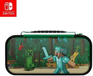 PDP REALMz Nintendo Switch Travel Case Plus GLOW with Wrist Strap, Built-in Stand & Game Storage Pockets, Officially Licensed: Minecraft Forest Battle (Glow in the Dark)