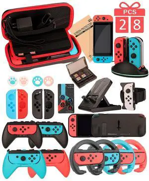 Switch Accessories - Family Bundle Accessories for Nintendo Switch, Carry Case& Screen Protector,4 Pack Joy Con Grips and Steering Wheels, Case Cover,Stand Mount,Joy Con Charger and More