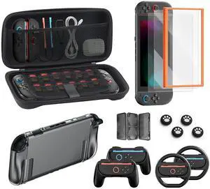 Switch 2 Accessories, Carrying Case & Screen Protector for Nintendo, 16-in-1 Game Bundle: Two Tempered Glass, Travel Dockable Shell, Grip for Joycon Controller, Console Protective Cover Steering Wheel