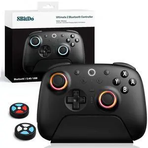 8Bitdo Ultimate 2 Bluetooth Controller (TMR Joystick Update), RGB Fire Ring, Switchable Hall Effect/Tactile Triggers, Vibration and Motion Control for Switch/Switch 2, Windows PC (Black)