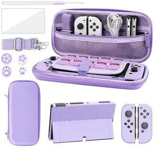 FANPL Case bundle for Nintendo Switch OLED Accessories, Carrying Case for Switch OLED and JoyCon Controller with Hard Flip Protective Case and Screen protector, 4 Thumb Grips, Shoulder Strap (Purple)