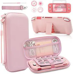 BRHE Pink Travel Carrying Case Accessories Kit for Switch Lite, Hard Protective Cover Skin Shell with Stand, Glass Screen Protector, Thumb Grip Caps 9 in 1