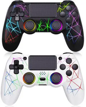GamingBoy 2 Pack Wireless Controller for PS4, Light-up RGB Remote Control for Ps4/PC with Hall Effect Joystick/1000mAh Battery/Type-C/Dual Vibration/6-Axis Gyro/Audio Jack/Touch PadWhite Black
