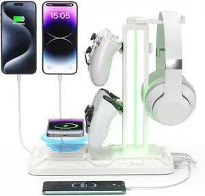 KDD RGB Headphone & Controller Stand with Wireless Charging - Rotatable Headset Stand with 9 Light Modes - Controller Holder with 2 USB and Type C Ports - for Gamers Desktop Accessories(White)