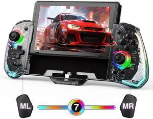Switch Handheld Controller Compatible with Nintendo Switch/OLED Joycon Replacement, Clear Switch One-Piece Joypad Controllers with 8 LED Color Lights/Adjustable Turbo/Dual Motor Vibration