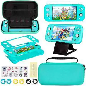 Accessories Kit for Nintendo Switch Lite - YOOWA Accessories Bundle with Carrying Case, Protective Cover case, 2-Pack Tempered Glass Screen Protector, Adjustable Play Stand, 6 Thumb Grips