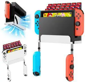 KUNSLCUK Wall Mount for Switch and Switch OLED, Metal Wall Mount Stand Accessories with 28 Game Cards Holder and 2 Joy-Con Hooks, Safely Mount your Switch on Wall Near TV (White)