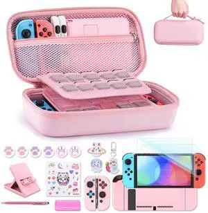 innoAura Switch Case 19-in-1 Bundle for NS Switch (2017), with Carrying Case, Game Organizer, Screen Protector, Stand and Thumb Grips, Pink