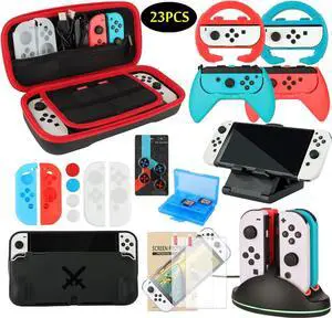 Accessories Bundle Pack for Nintendo Switch OLED Model(2021), Family Party Kit with Carrying Case, Joy Con Charging Dock, Grips, Covers, Steering Wheels, Mount, Screen Protectors, Caps(23 in 1)