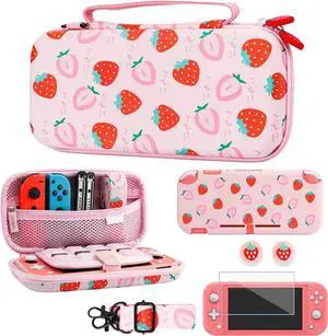 GLDRAM Strawberry Case for Nintendo Switch Lite, Pink Cute Travel Carrying Case for Switch Lite Accessories Bundle with Soft Protective Cover, Screen Protector, Thumb Caps & Shoulder Strap for Girls