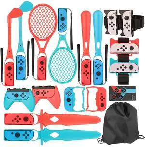 EOVOLA 18 in 1 Accessories Kit for Nintendo Switch/OLED Sports Games, Tennis Rackets, Comfort Grips Golf Clubs, Swords, Wrist Bands and Leg Strap Etc.-With Storage Bag