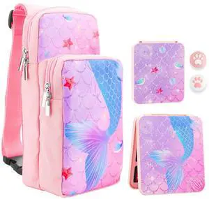 RHOTALL Pink Travel Bag for Nintendo Switch/Lite/OLED/2 ,Large Capacity Portable Carrying Case Compatible for Chest Shoulder Accessories Storage Backpack with12 Slots Game Case,Thumb Grip Caps-fish