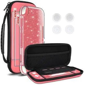 DLseego Carrying Case for Nintendo Switch lite, Newest Design Portable Travel Carrying Case 4 in 1 Accessories Kit with 1 Pcs Glitter case, 2 Pcs Screen Protectors and 4 PcsThumb Grips Caps -- Pink