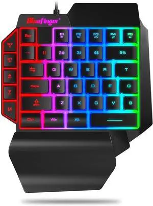 One Hand RGB Gaming Keyboard,USB Wired Rainbow Letters Glow Single Hand Keyboard with Wrist Rest Support Multimedia Keys, Backlit Ergonomic Mechanical Feeling Keyboard for Game