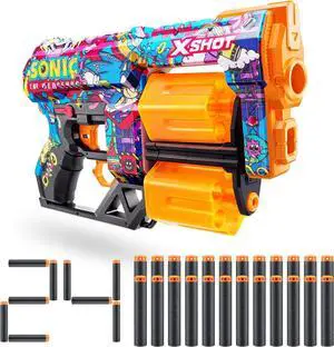 XSHOT Skins Dread Sonic Robotnik Blaster with 24 Darts - Malice Skin by ZURU, Double Rotating Barrels, Air Pocket Dart Technology, Toy Foam Blaster for Kids, Teens and Adults