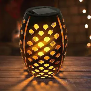 2PCS Solar Table Lanterns with Flickering Flame Light Outdoor Waterproof, Metal Desktop Decorative Lamp with Hollow Design for Tabletop Garden, 7.3" H Black Shell