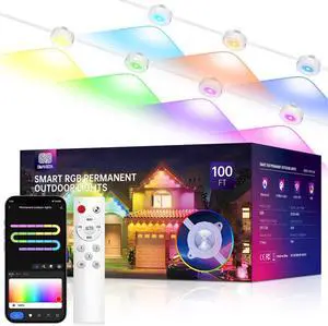 Smart Permanent Outdoor Lights, 100ft with 72 LED RGB String Lights, IP67 Waterproof Eaves Light with 44 Scene Modes for Halloween Christmas Birthday Holiday Party, APP/Voice/Remote Control