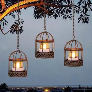 Solar-Hanging-Lanterns-Outdoor-Waterproof, Rust Birdcage Style Candle Holders with Flickering Solar Tea Lights for Backyard Patio Garden Fence Tree Decoration (3 Pack)