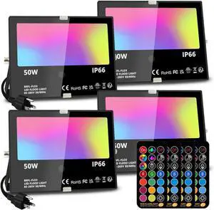 Led Flood Light Outdoor, 50W RGB Color Changing Landscape Lighting with Remote, Timing - 12 Colors - 4 Modes, IP66 Waterproof, US 3-Plug, MELPO (Pack of 4)