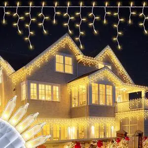 200 Christmas Icicle Lights, Warm White Clear Bulbs with 23FT Long White Wire, Professional Grade String Lights for Indoor & Outdoor,Xmas,Party, Patio, Courtyard, Window, Fence, Trees Decor
