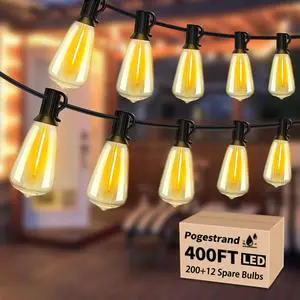 LED Outdoor String Lights 400ft Shatterproof Patio Lights with 212 Waterproof ST38 Vintage Bulbs(12 Spare), Dimmable Outside Hanging String Lights for Backyard Porch Balcony Party, Warm White