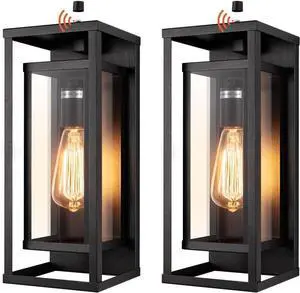 mirrea 14" Dusk to Dawn Outdoor Wall Sconce 1 Light in Matte Black Rectangular Metal Frame and Clear Glass Shade Waterproof Porch Light Patio Light Pack of 2