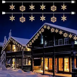 Snowflake Christmas String Lights - 2 Pack 6 Drops 8.8 Ft. 100 Mini Bulb Snowflake Icicle Lights with Hooks Connectable Hanging Lights for Xmas Rooftop Home Indoor Outdoor Party Wedding