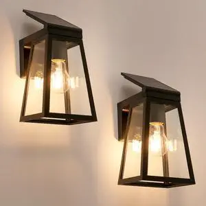 LUTEC 2 Pack Solar Porch Light, Wireless Dusk to Dawn Outdoor Wall Lights Fixture with Adjustable Solar Panel, Black Wall Sconce, Waterproof Exterior Lighting with Clear Glass for Entryway Garage