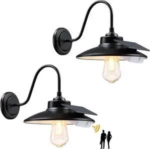 Solar Barn Lights Outdoor with 3 Lighting Modes & Motion Sensor, Waterproof Black Farmhouse Outdoor Gooseneck Solar Lights for Barn Shed Chicken Coop Porch, 2Pack
