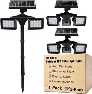 EMANER Solar Powered Flood Light 4500mAh, Dusk to Dawn Solar Flood & Security Lights with Motion Sensor, 100W Equiv. Outdoor Cordless Landscape Spotlight 6500K, Wall Mount/Stand in Ground, 2Pack