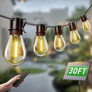 Outdoor Solar String Lights, 30FT Waterproof S14 LED Patio Lights with 13 Shatterproof Bulbs, USB Rechargeable, 2200K Warm White, Energy-Saving Hanging for Garden, Porch, Bistro, Camping