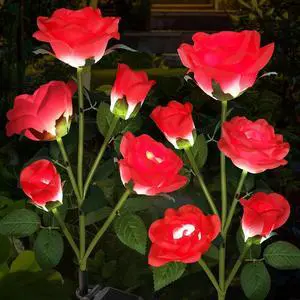 Solar Garden Lights, Solar Outdoor Lights with More Realistic 10 Rose Waterproof Solar Powered Flowers for Outside Patio Yard Pathway Decorations, 2 Pack Red