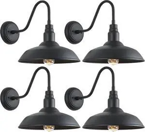 Gooseneck Barn Light with 14in Dome, 4 Pack Large Exterior Farmhouse Light with Wall Mount, Black Outdoor Wall Sconce for Porch Garage Door