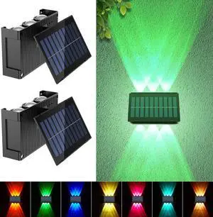 Sunvivo Solar Wall Lights Outdoor,Cordless,Waterproof IP65,Adjustable PV Panel,Up and Down Lamp Wall Sconce Deco Light for Exterior Wall Garage Fence Yard Patio Café Pub-2 Pack RGB(red,Green,Blue)