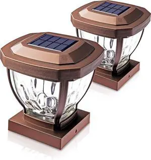 HOME ZONE Security Solar Post Cap Lights - Decorative Glass LED Outdoor 4x4 (3.5 x 3.5 in.) Post Lights, Bronze (2-Pack)