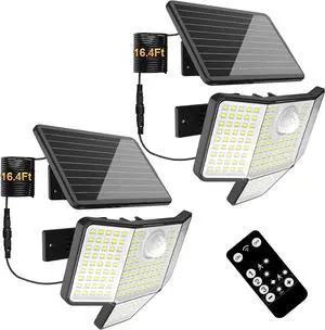Solar Motion Lights Outdoor with Remote Control, 4-Sided Wide-Angle Illumination, 3-Stage Dimming, 3 Modes, Dusk to Dawn, 16.4ft Cable, IP65 Waterproof, Solar-Powered Security Flood Light, 2 Pack