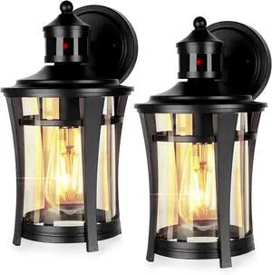 Dexnump Motion Sensor Outdoor Wall Light, 2 Pack Black Exterior Sconces Lighting with Bulb/ 3 Modes Dusk to Dawn, Anti-Rust Waterproof Front Porch Lights Fixture for Outside House, Patio