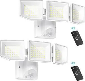 Qunits 38W 6000LM Motion Sensor Outdoor Lights with Remote Control, 6500K, IP65 Waterproof Dusk to Dawn LED Security Light, 3 Head Detected Flood Light for Outside, Garage, Porch, Yard -White, 2Pack