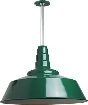 Steel Lighting Co. Manhattan Warehouse Light | Ceiling Mounted Pendant | 20 inch Dome | 12 inch Stem | Large Steel Barn Light Made in America | Green Exterior/White Interior