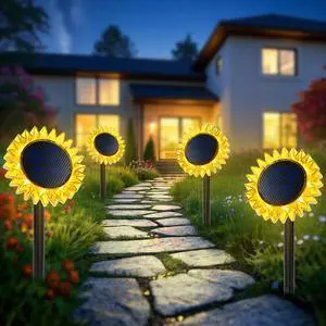 Outdoor Solar Lights, 4 Pack Led Solar Sunflower Lights, Stake/Wall 2-in-1 Waterproof Solar Garden Lights for Yard, Landscape, Fence, Patio, Driveway, Pathway, Backyard Decoration (Warm White)