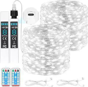 Lakumu 132FT(66 * 2) Fairy Lights Battery Operated String Lights, Twinkle Lights with Remote &Timer, Cool White LED Fairy Lights for Bedroom Waterproof Outdoor Camping Wedding Christmas Decorations