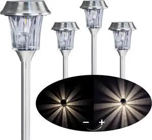 Solar Pathway Lights Outdoor Waterproof, 4 Pack Glass & Stainless Steel Stake Lights with Projection, Dual Brightness 12/25 Lumens Warm White 3000K, Auto On/Off Landscape Lighting for Garden, Patio