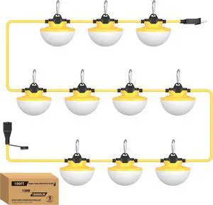 YXL 130W 16000LM Construction Lights String 100FT Industrial LED String Work Lights, IP65 Waterproof 18AWG Wire 5000K Super Bright for Construction Sites Temporary Work Jobsites Outdoor Lighting