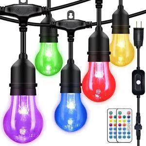 48FT Outdoor Patio Lights Color Changing, RGB LED String Lights with 16 E26 Shatterproof Edison Bulbs, Dimmable Patio String Lights for Bistro Backyard Garden, 1 Remote Controllers