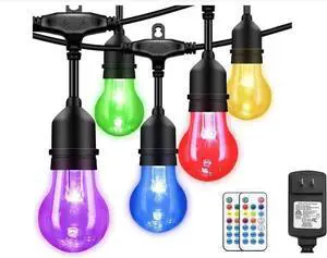 96FT Outdoor Patio Lights Color Changing, RGB LED String Lights with 32 E26 Shatterproof Edison Bulbs, Dimmable Patio String Lights for Backyard Garden, 2 Remote Controllers